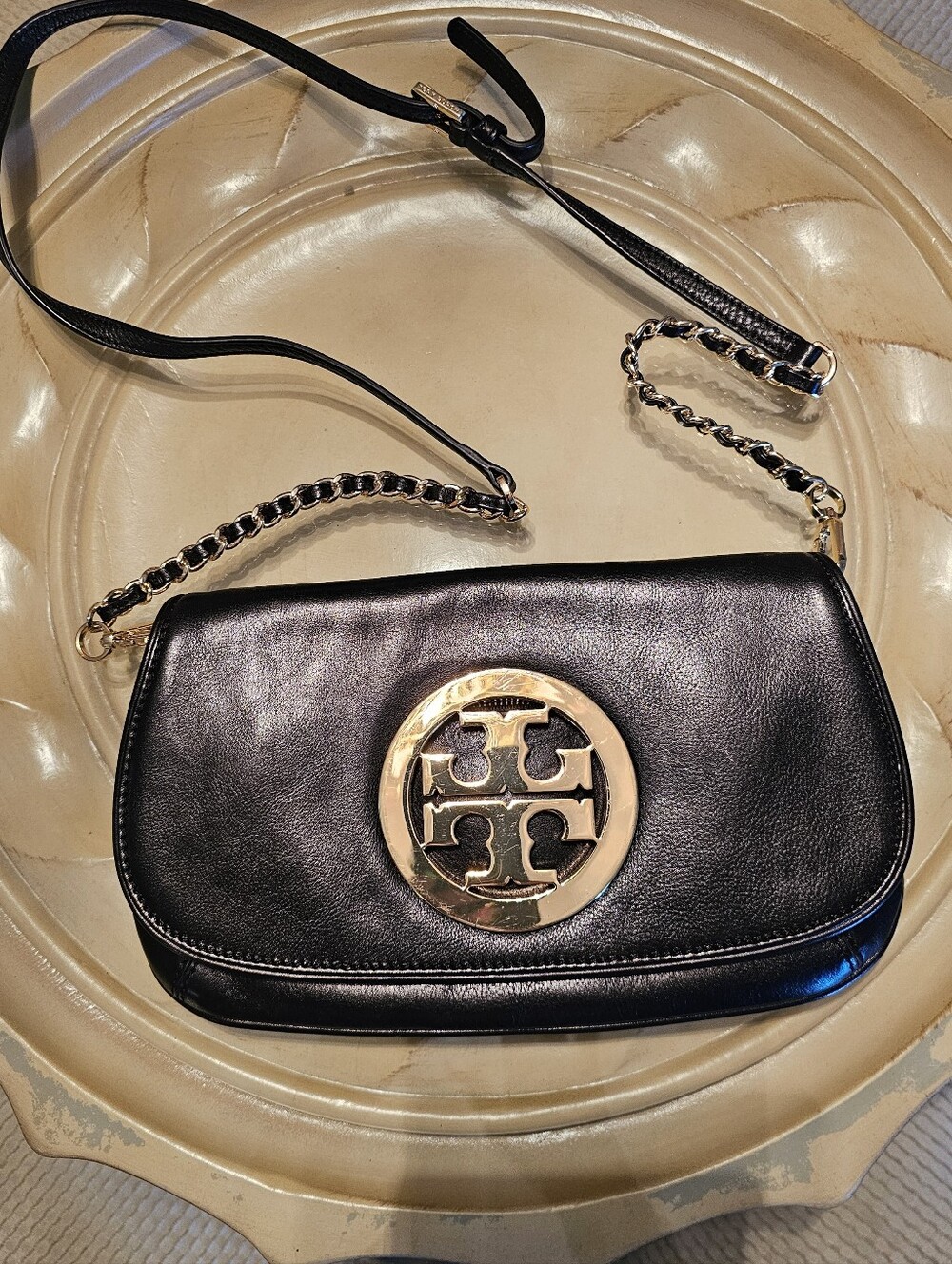 Tory Burch Black Leather Shoulder Bag with Gold Logo